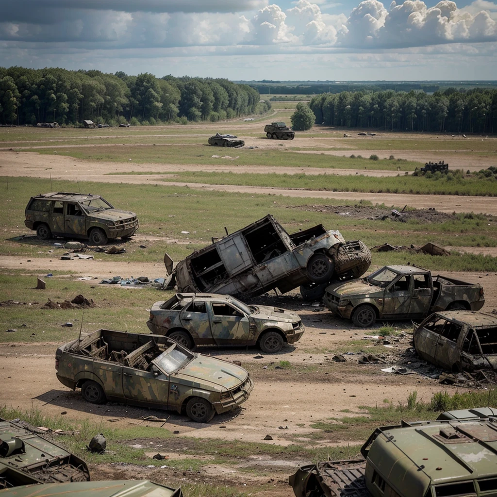 A photo of destroyed Ukrainian military vehicles with Ukrainian markings. The vehicles are scattered across an open field. In the background, there are trees and a cloudy sky. The ground is covered with dirt and debris. The vehicles are damaged and burned.