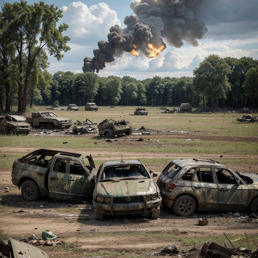 A photo of destroyed Ukrainian military vehicles with Ukrainian markings. The vehicles are scattered across an open field. In the background, there are trees and a cloudy sky. The ground is covered with dirt and debris. The vehicles are damaged and burned.