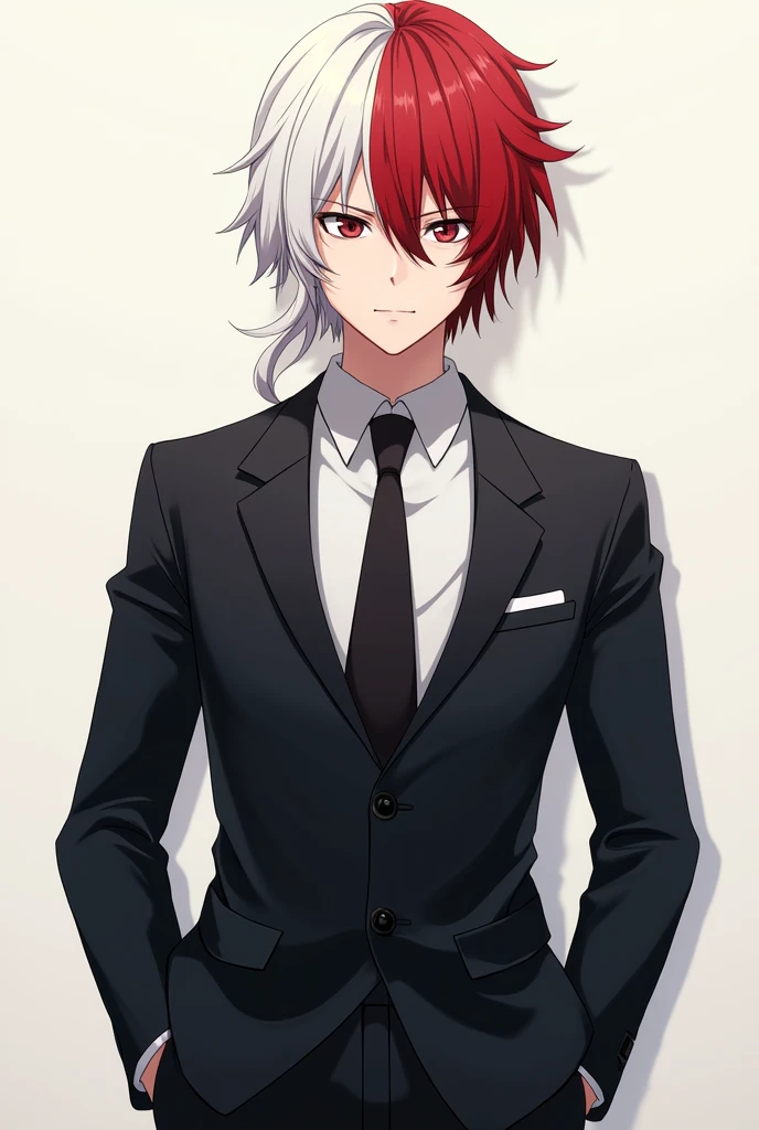 Shoto Todoroki from My Hero Academia in a suit and tie His hair is white and red