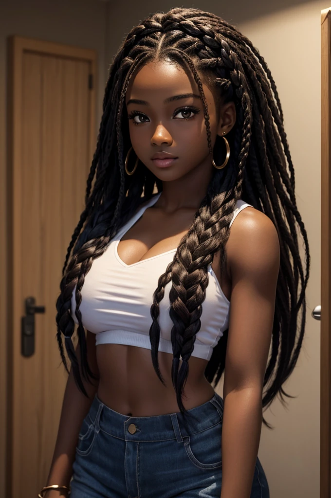 cute hair, chocolate skin, ager, beautiful face, deep ebony, showing big breasts, SFW, upper body braided night beauty