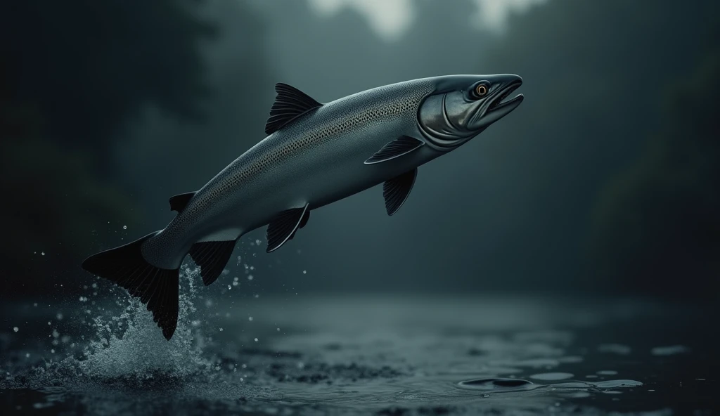 There is a shadow、Fish salmon、Fish salmonの体は灰色、The fish has small black spots on its body.、Fish salmonが高くジャンプしている