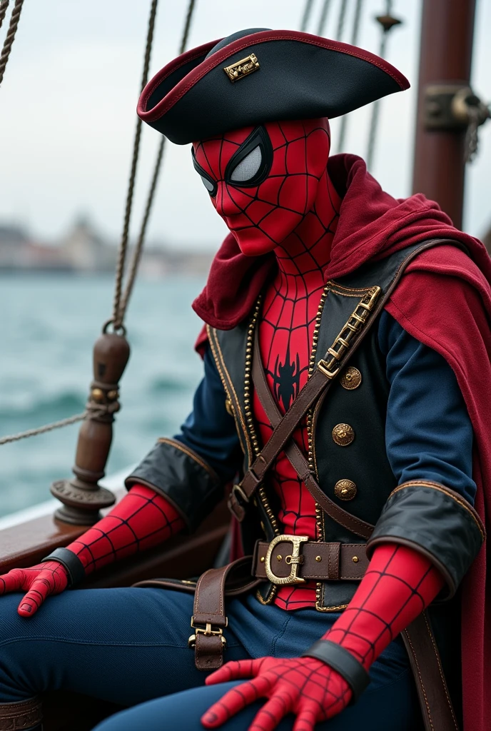 Spider-Man se déguise en pirate sur un bateau.