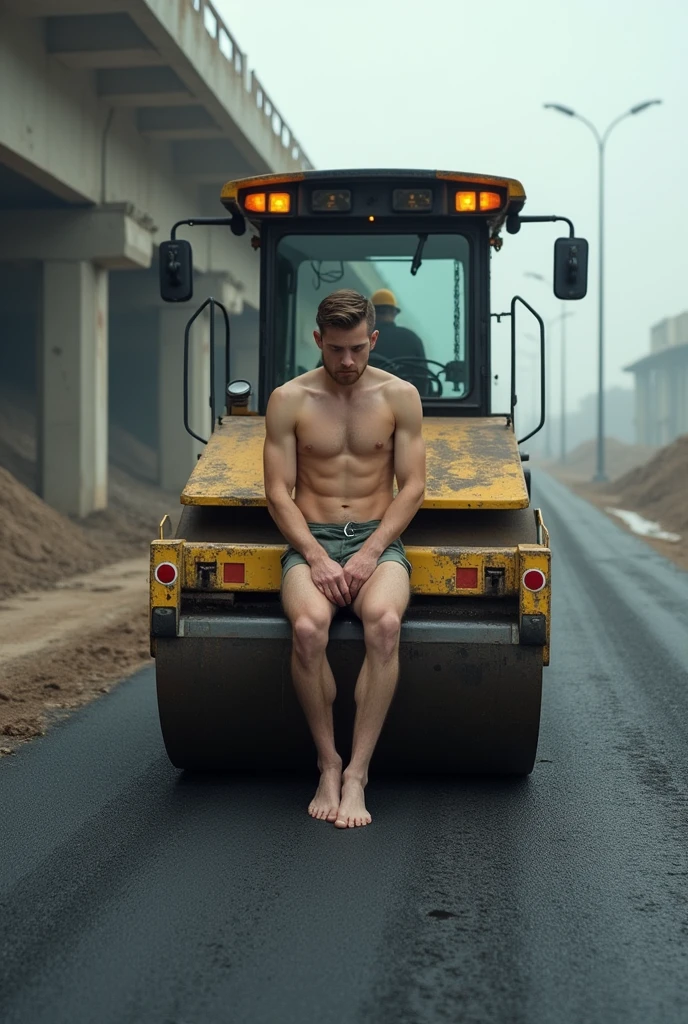 naked a man sit on the asphalt finisher with text label in machine CV.RAK