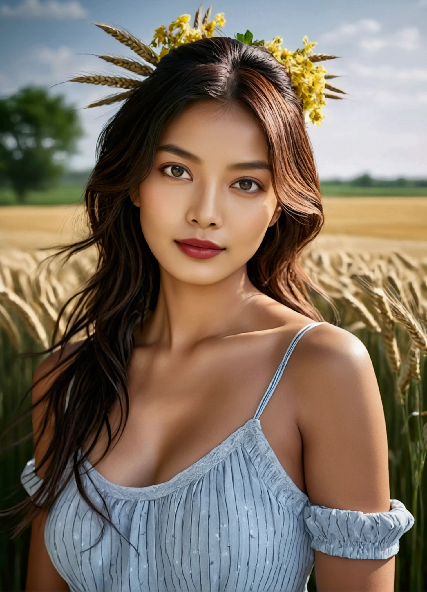 ((NSFW)), 8k, raw photo, best quality, high resolution, photorealistic, walking in a wheat field, in flowery dress, hair tied with bun, beautiful detailed face, detailed, high resolution, realistic, photorealistic, full body , head to toe, legs, dark skin, pores, wrinkles, extremely detailed CG unity 8k wallpaper), photo of the most beautiful work of art in the world, majestic professional (photographed: Steve McCurry), 8k uhd , DSLR, soft lighting, high quality, film grain, sharp focus Fujifilm XT3, f5.6, high details, sharpness, spectacular, (looking at the viewer: 1.2), (natural light),