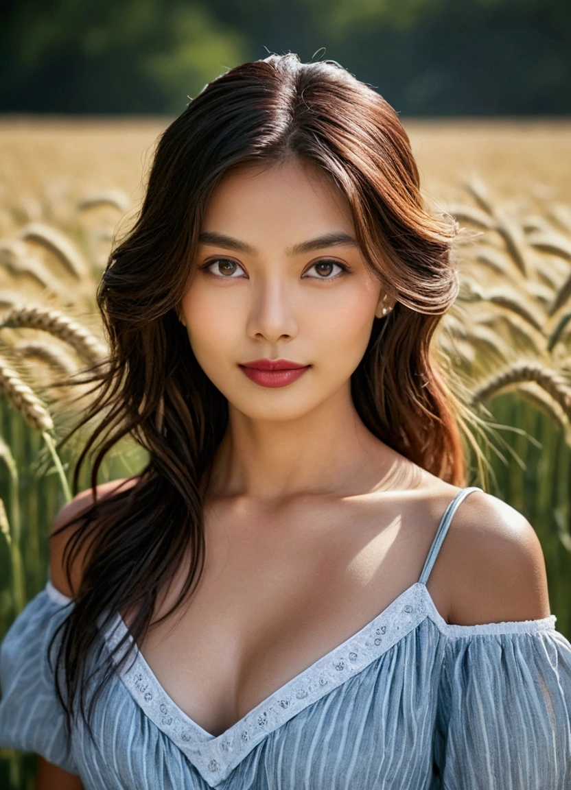 ((NSFW)), 8k, raw photo, best quality, high resolution, photorealistic, walking in a wheat field, in flowery dress, hair tied with bun, beautiful detailed face, detailed, high resolution, realistic, photorealistic, full body , head to toe, legs, dark skin, pores, wrinkles, extremely detailed CG unity 8k wallpaper), photo of the most beautiful work of art in the world, majestic professional (photographed: Steve McCurry), 8k uhd , DSLR, soft lighting, high quality, film grain, sharp focus Fujifilm XT3, f5.6, high details, sharpness, spectacular, (looking at the viewer: 1.2), (natural light),