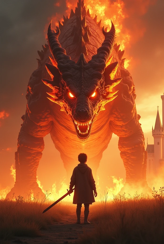 Can you draw me a fire dragon in a field with a  in torn clothes and a sword with his back to us And in the background is a castle, a white one That is just burning Everything has to be cinematic and realistic The dragon is standing in front of the child It has to be darker The dragon has to be right in front of the child