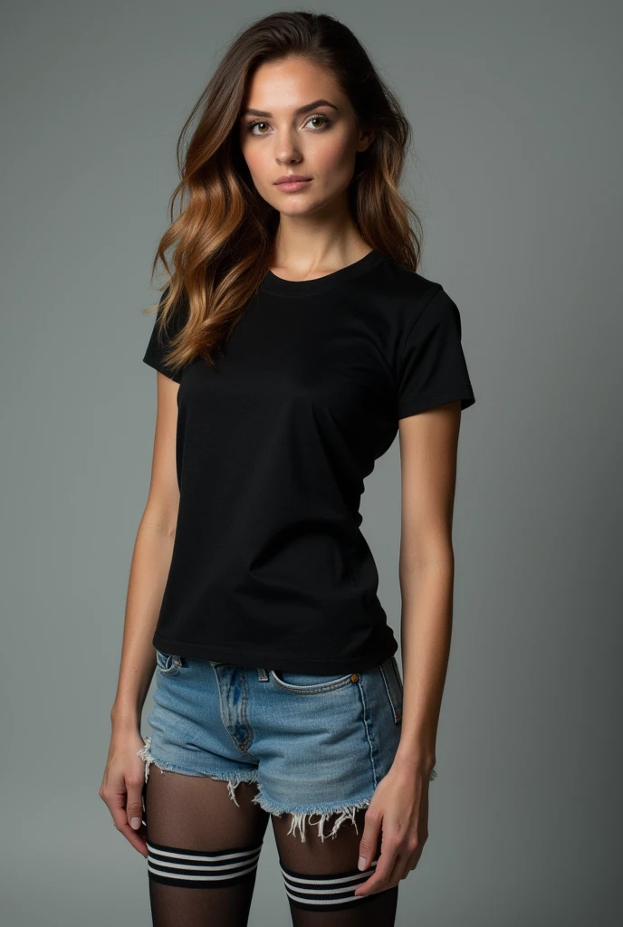 beautiful woman,  standing straight facing forward,with black t-shirt, denim jeans pants, on a greyish background, cotton t-shirt texture, fitted t-shirt, round neck, striped tights. Medium camera shot.