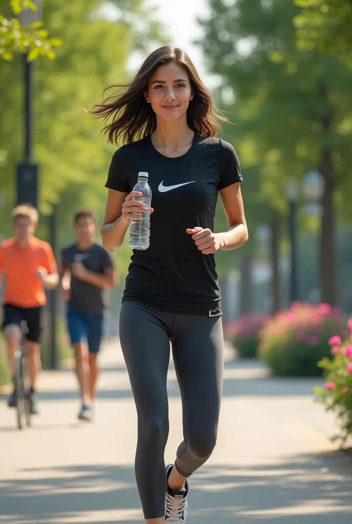 A realistic portrait of a young brunette woman in her twenties, standing in a modern urban park. Her shoulder-length, slightly wavy hair falls naturally around her face, moving slightly with a light breeze. She is wearing a Nike brand sports outfit: a fitted black sports top with the Nike logo clearly visible on the chest and dark gray sports leggings, also from the Nike brand, which fit her shapes perfectly. On her feet, she wears white Nike running sneakers with black accents. She is standing on a running path surrounded by greenery and well-kept trees. His face displays a confident and relaxed smile, with a slight pinkness on his cheeks from exercise. His brown eyes shine in the soft light of the afternoon sun. She holds a transparent water bottle in one hand and rests the other hand on her hip, showing an athletic and relaxed posture. In the background, we see a mix of joggers, cyclists and walkers, as well as a few park benches and colorful flowers, creating a vibrant and energetic atmosphere.