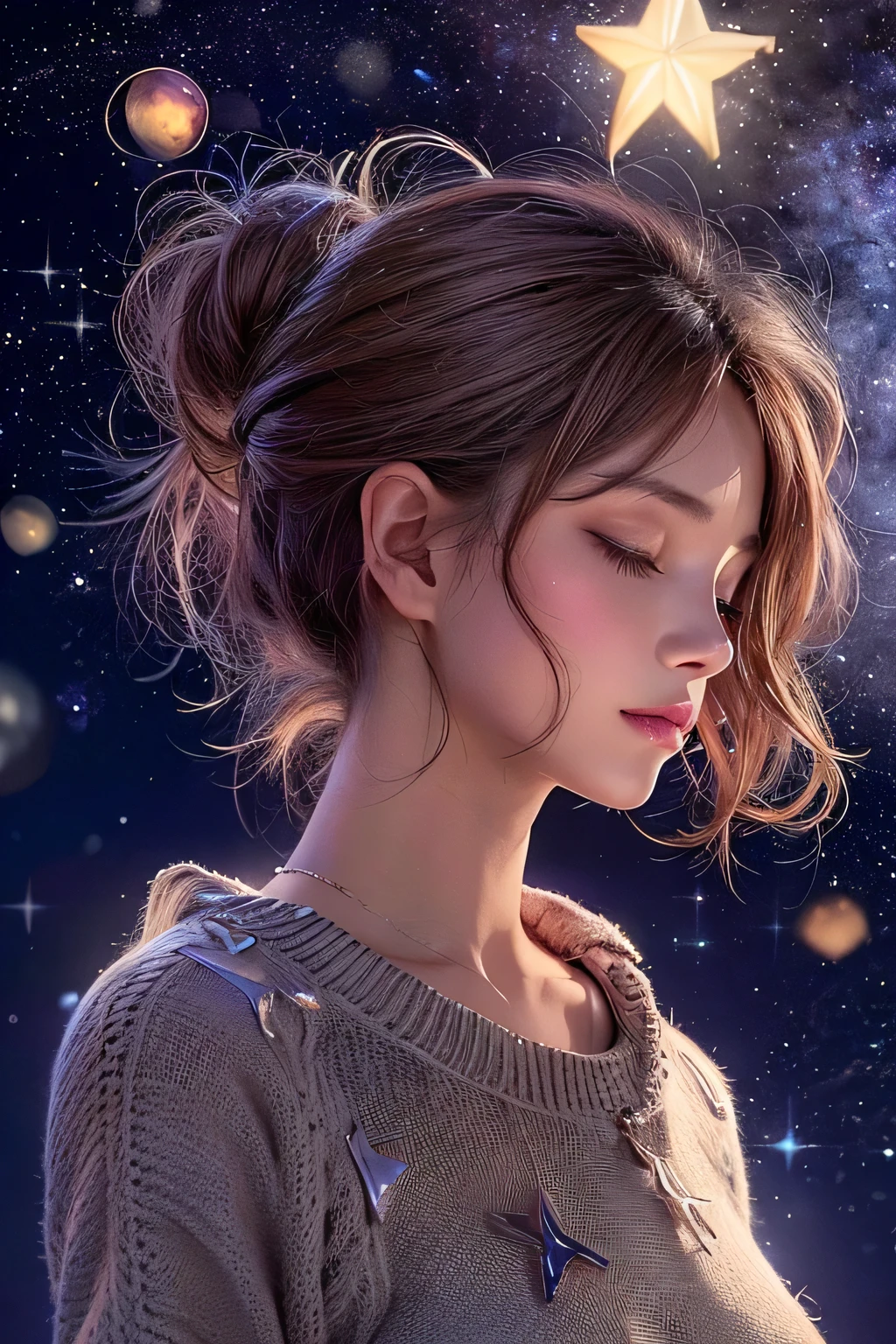 masterpiece, 1 Beautiful girl,(highest quality, 8k, 32K, masterpiece), (Realistic), (Realistic:1.2), (High resolution), (small breasts:1.3), (Crystal colorful lights), Extremely refined and beautiful, beautiful detailed eyes, Round eyes, detailed facial features, Shiny skin, (looking at the stars:1.3), (From the roof she wished upon a star), (looking at the stars in the distance), (She sees the stars), (She prays:1.5), (She has her eyes closed), (She closes her eyes and prays), (starry sky), (moon night), night, (wearing t-shirt), short hair, brown hair