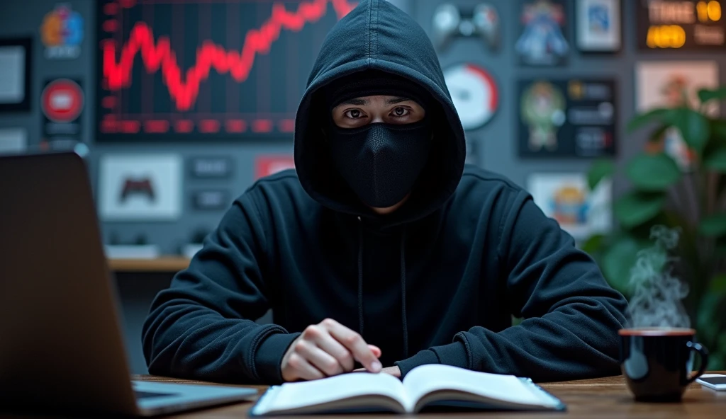 A photo of a man wearing a mask and wearing a black colour hoodie, sitting at a table. The table has a laptop, a book, and a cup. The background contains a stock market screen, anime posters, and gaming controllers. Eye contact with viewer