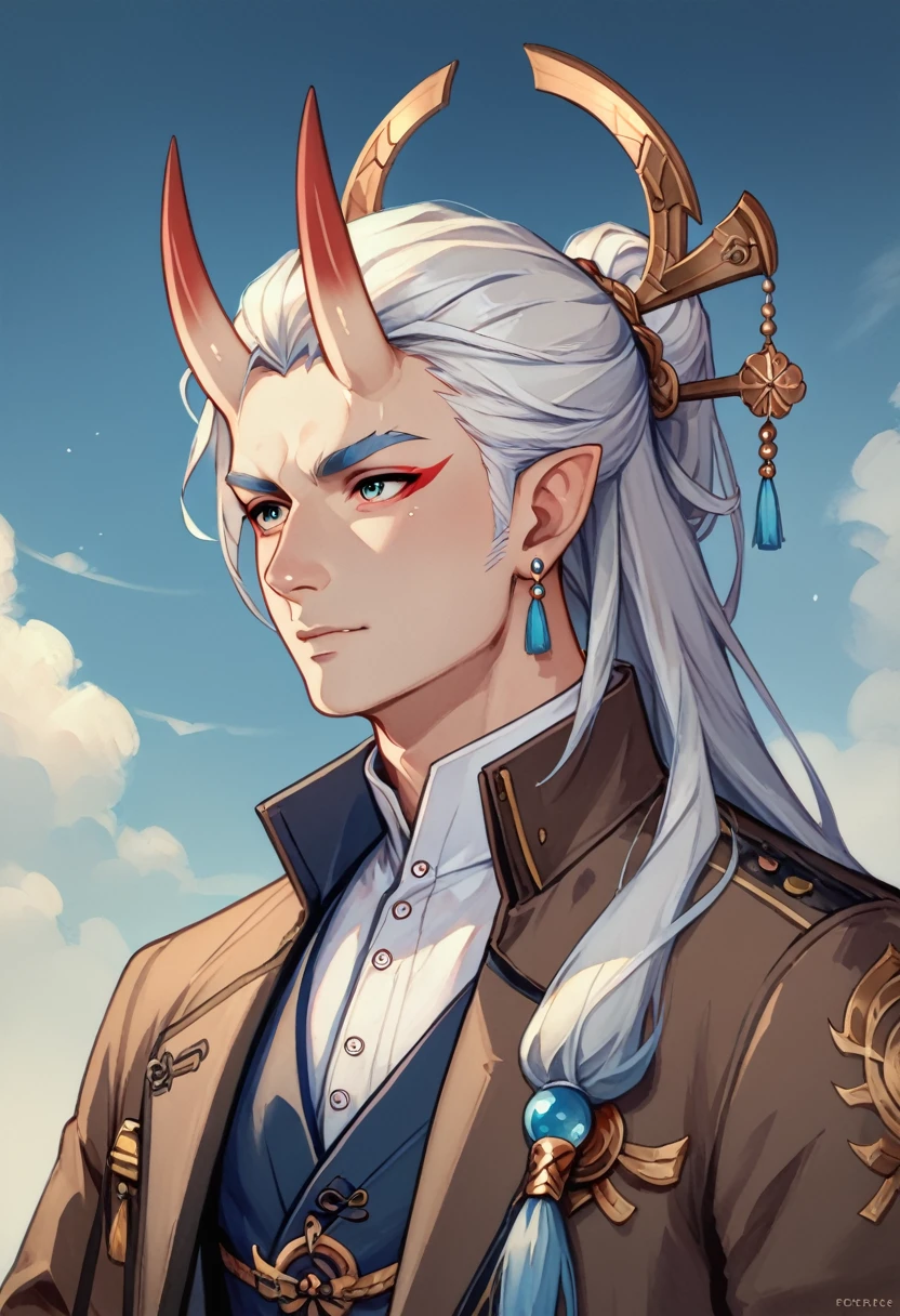 (((Pretty, good quality))), score_9, score_8_most, score_7_most, square, a young man with 2 horns, one person, wearing a long brown coat, White shirt, Oni maske, long white hair, blue lines across the body, fantasy, old asian, 