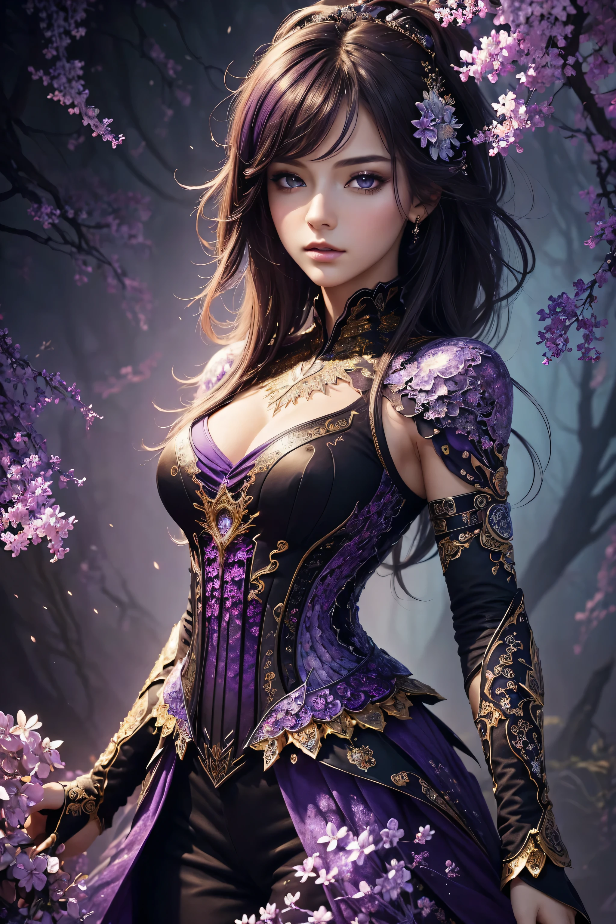 (masterpiece, top quality, best quality, official art, beautiful and aesthetic:1.2), (1girl),upper body, extreme detailed,(fractal art:1.3),purple, lilac, black and gold, colorful,highest detailed