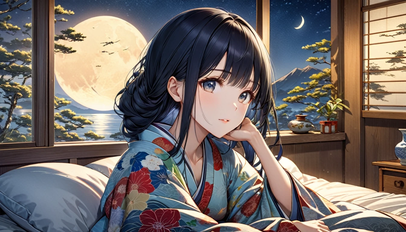 Ukiyo-e, Japanese painting, woodblock print, anime, manga, comics, figure, Beautiful woman, Wearing colorful open-necked kimonos, wariza,背景ステンドグラスanime,A beautiful young woman,soft moonlight illuminating her face, cozy bedroom setting, romantic and tranquil atmosphere, photorealistic, highly detailed,Romantic and tranquil atmosphere、Photorealistic、Very detailed,night,Seaside,nightの虹