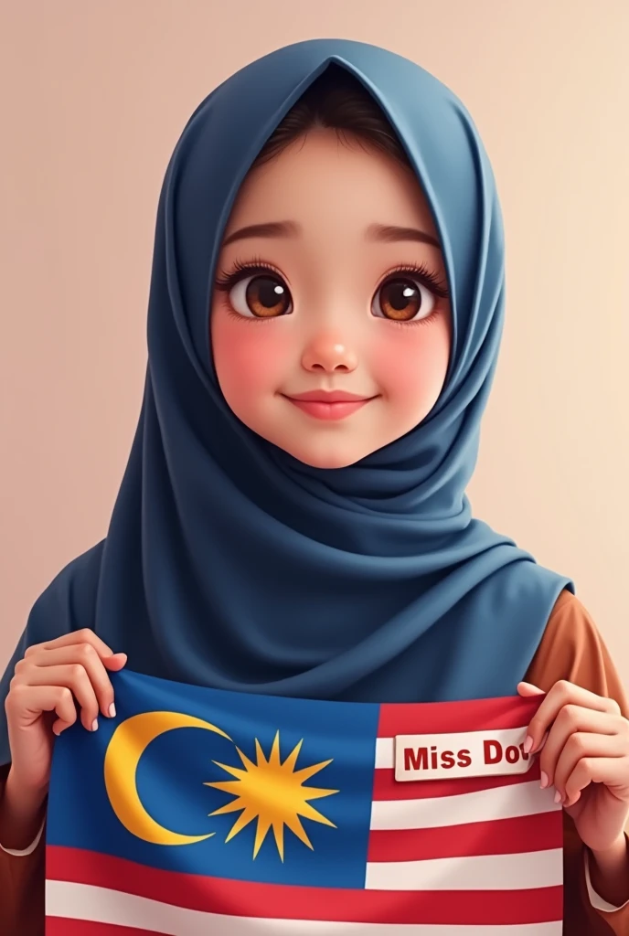 Cute malaysian girl with tudung holding malaysian flag with nametag Miss Dot