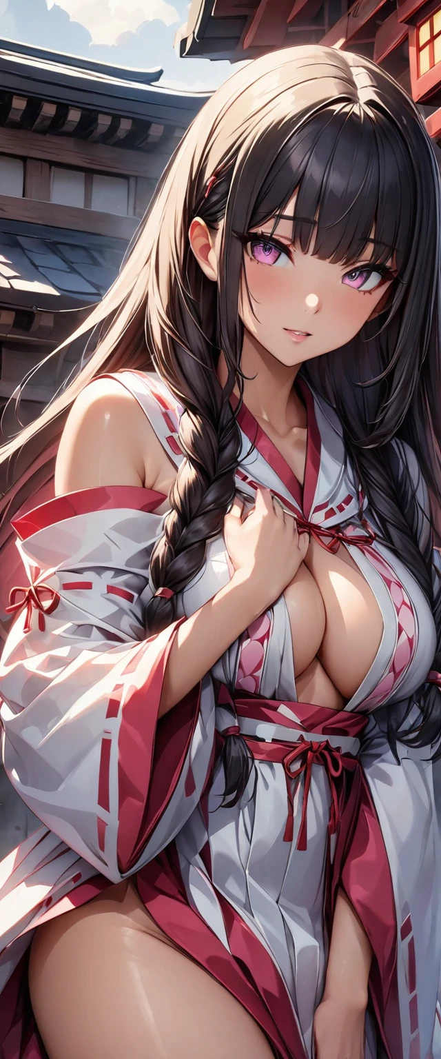 (Perfect Anatomy)、Mastepiece、Ultra High Quality、 8k、masterpiece、Highest quality、Ultra-high resolution、Maximum resolution、Very detailed、Professional Lighting、anime、Adult female、thin、so beautiful、Highly detailed eye、Highly detailed face、Black Hair,、Pink eyes, , Braiding、Straight bangs、Miko costume、Shrine maiden costume、Shrine maiden costume、