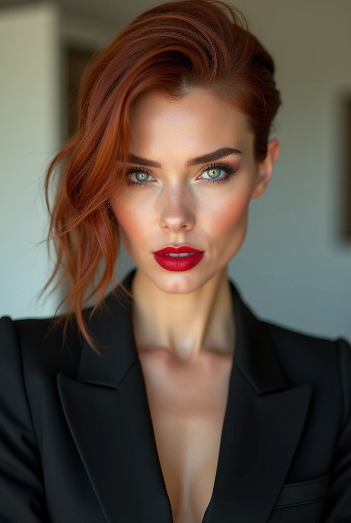 Woman, 2 white skinned , modern reddish brown hair cut, clear eyes, fleshy lips, wearing red lipstick, strong makeup, with an air of power, wearing a suit closely.