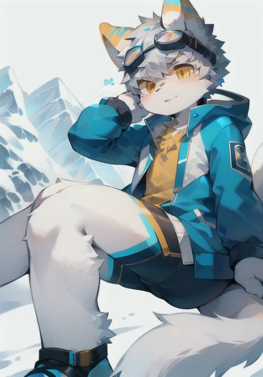 Snow mountain background,Blue down jacket,White male cat,boy,cute,Q version,Goggles,Big furry tail,Hairy pads,Mountaineering,Golden Eyes,Silver hair