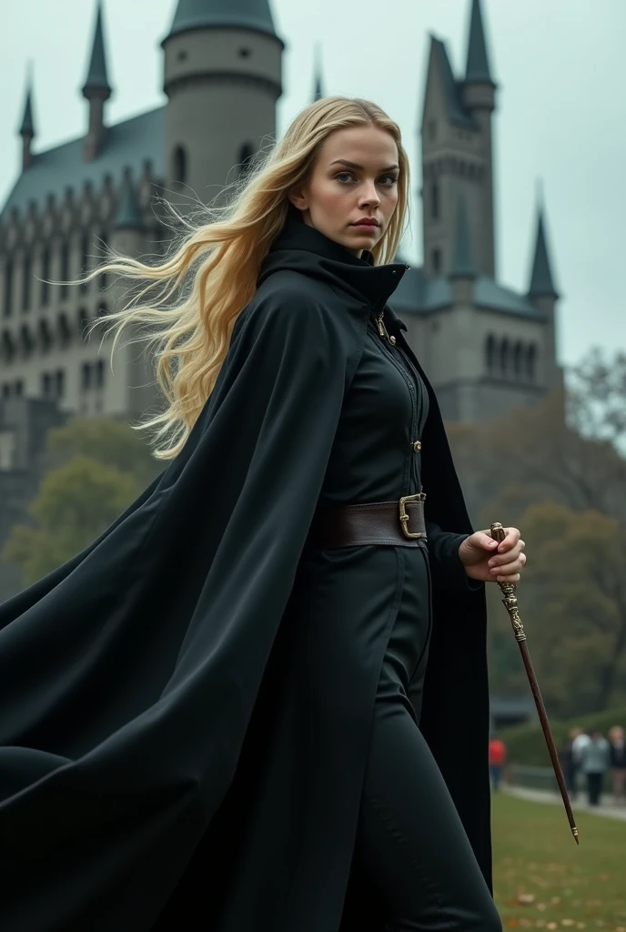 A  with blonde hair wearing a black cloak and holding a slender wand with a diameter of 1 centimeter and length of 8 inches at Hogwarts.