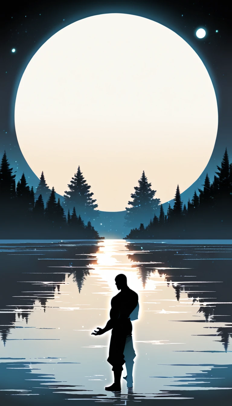 A Strong Buddhist muscular man stands in the smoke, Black jumpsuit, Very tight, Silhouette effect, Tall muscular man, Priapus, Dark Black, Dark black skin, Buzz Cut, His muscles are very developed, Very tall, short hair, Blend into the smoke, Lake, Reflection, Stars, moonlight, Big Moon, Man silhouette, Chinese, black and white, Simple style
