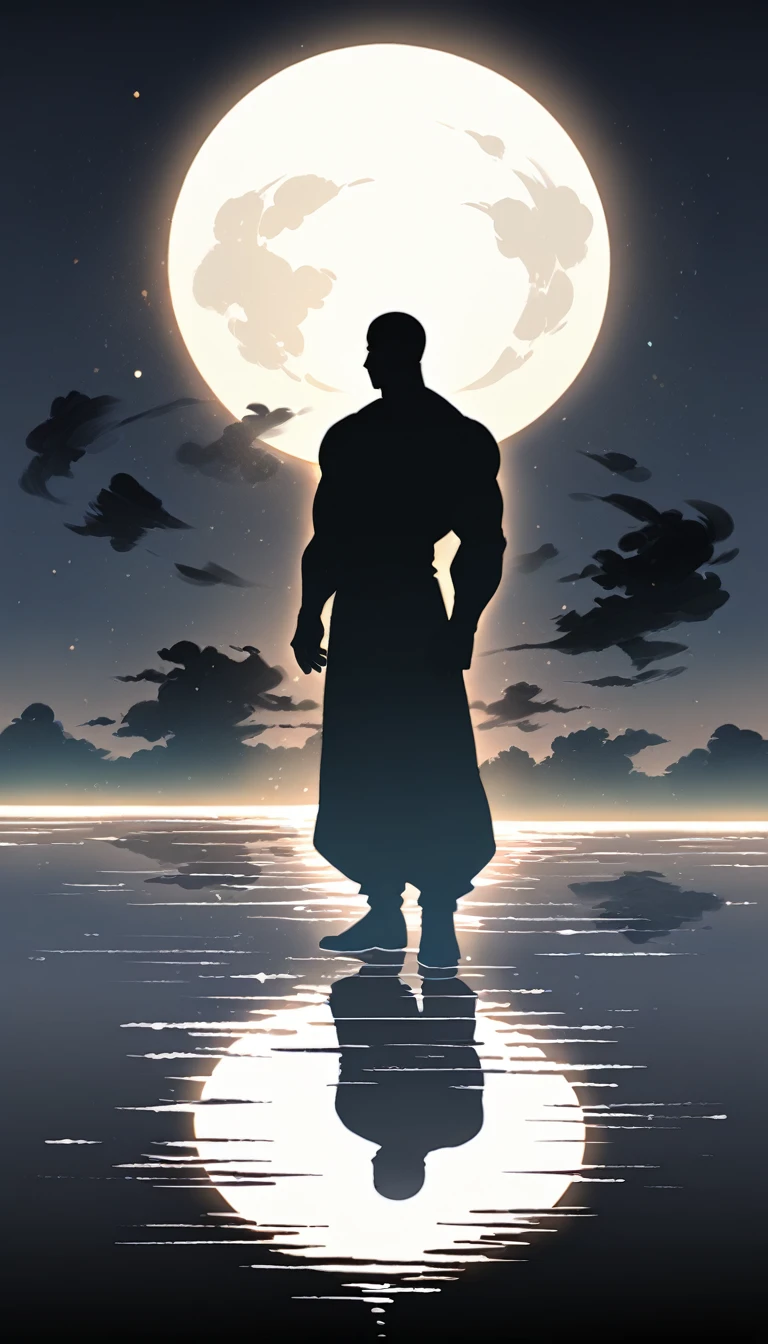 A Strong Buddhist muscular man stands in the smoke, Black jumpsuit, Very tight, Silhouette effect, Tall muscular man, Priapus, Dark Black, Dark black skin, Buzz Cut, His muscles are very developed, Very tall, short hair, Blend into the smoke, Lake, Reflection, Stars, moonlight, Big Moon, Man silhouette, Chinese, black and white, Simple style
