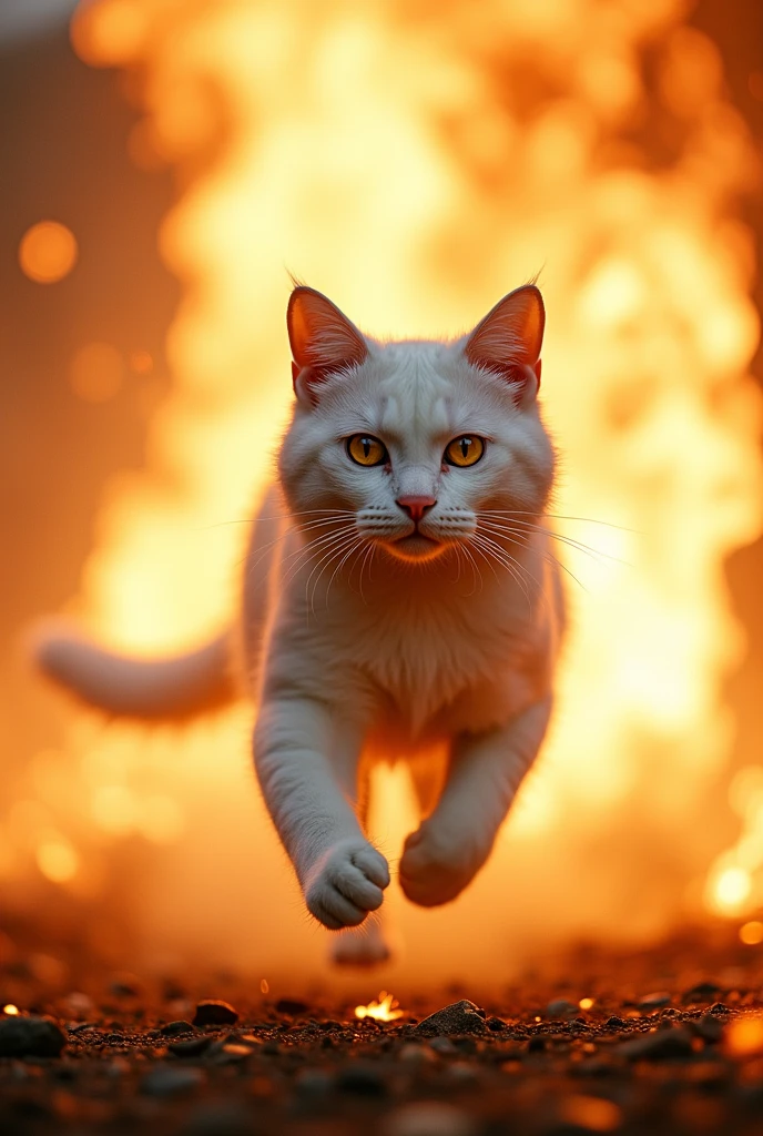 Charging through Fire:
Scene: The white cat hero is depicted charging through a wall of fire, emerging from the flames unscathed and determined. The cat’s fur is slightly singed at the tips, but it remains undaunted, with a fierce expression and clenched fists. The flames and smoke should be dynamic and intense, creating a powerful contrast with the pure white of the cat’s fur. The scene should convey the hero’s fearlessness and determination to overcome any obstacle.