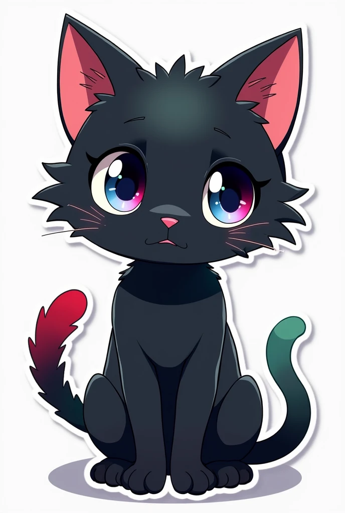 Sad Hot Black cat with bluered eyes and crimson red and green tail and pink ear cartoon anime sticker