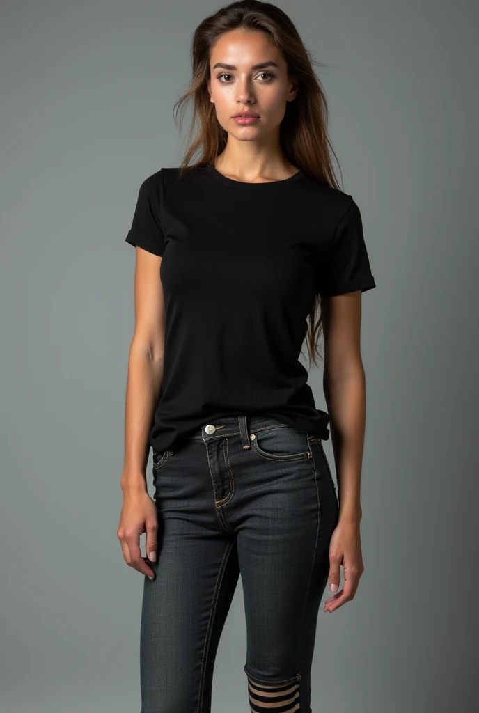 beautiful woman, standing straight facing forward,with black t-shirt, denim jeans pants, on a greyish background, cotton t-shirt texture, fitted t-shirt, round neck, striped tights. Medium camera shot.