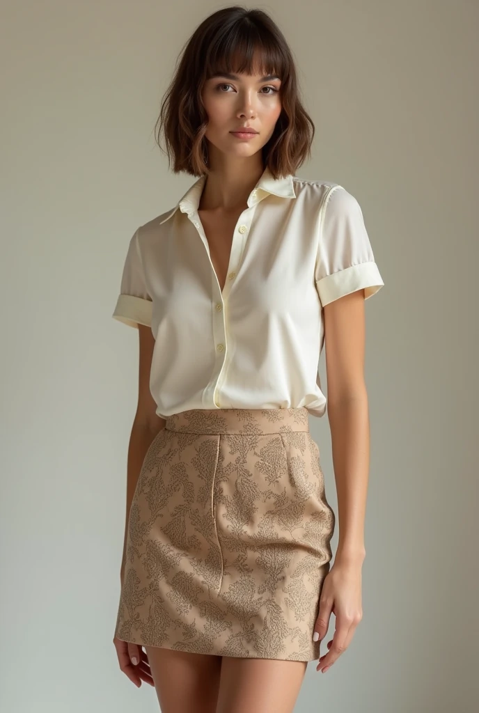 European woman model wearing a short skirt and short short-sleeved blouse set with fabric with dark beige baroque embossed details