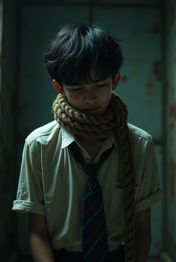 A high school boy is suffering from being strangled with a rope。Drooping