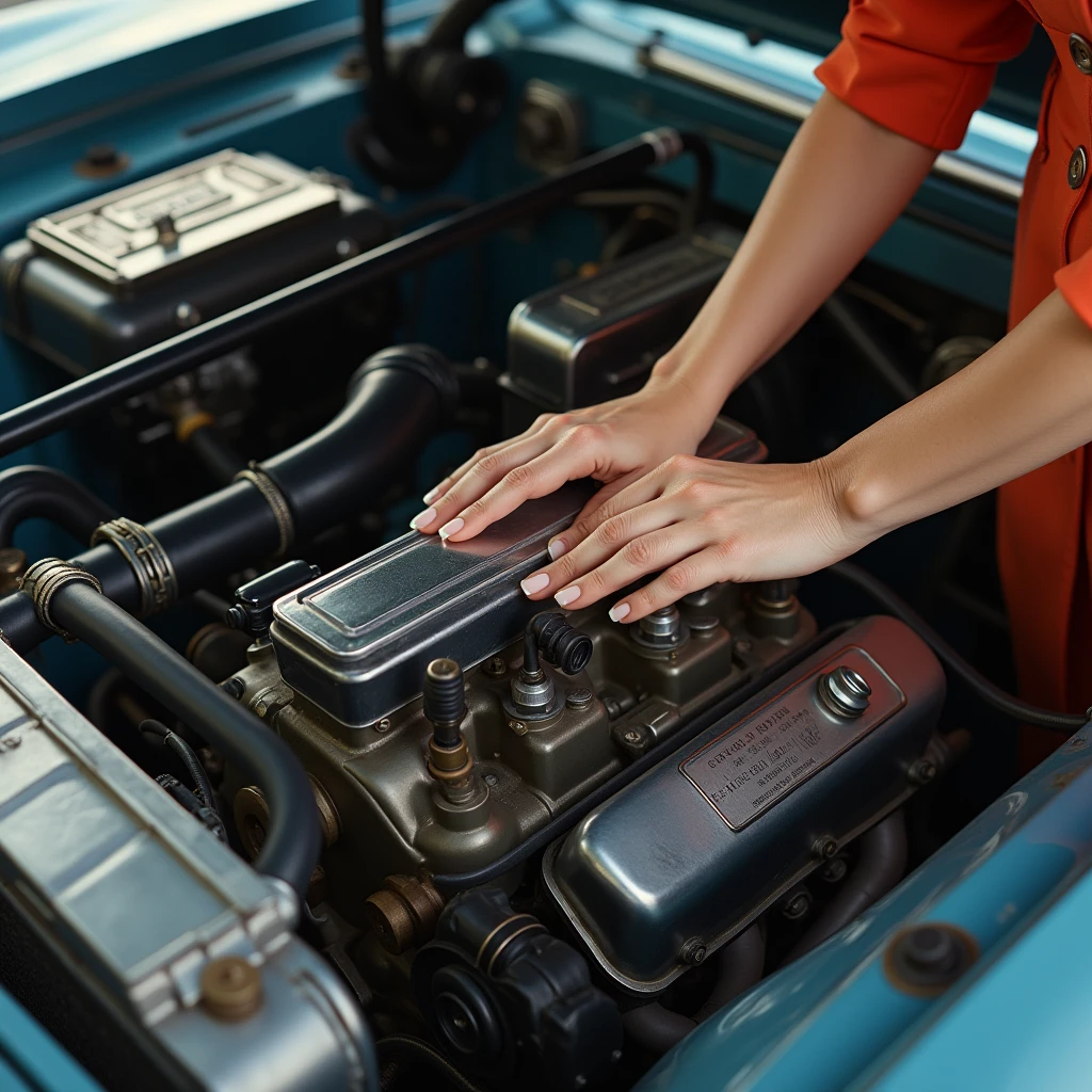 color photo of a lady's hands operating a classic, powerful car engine,
with the bonnet open and the intricate engine exposed in the frame,
capturing the elegance and strength of the woman and the machine,
camera settings: iPhone 12 Pro, VSCO Cam app, close-up shot, natural light,
directors: Sofia Coppola, Quentin Tarantino, Wes Anderson, cinematographers: Roger Deakins, Hoyte van Hoytema, Ellen Kuras, photographers: Annie Leibovitz, Steven Meisel, Helmut Newton, fashion designers: Chanel, Gucci, Alexander Wang