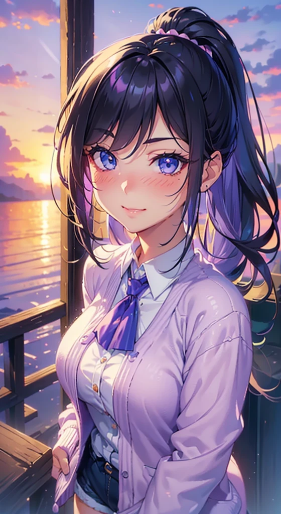 ((Tabletop, Highest quality, High resolution, Hmph, Pixel perfect, 4K, Hmph, Hmph))), One Girl, single, alone, Beauty、 ((ponytail, bangs, Black Hair)), ((Blue eyes, Beautiful eyelashes, Realistic eyes)), ((Detailed smile, blush:1.2)), ((Smooth texture:0.75, Realistic texture:0.65, Realistic:1.1, Anime CG style)), Big Breasts, Perfect body, ((Lilac cardigan、White shirt、Shorts)), 