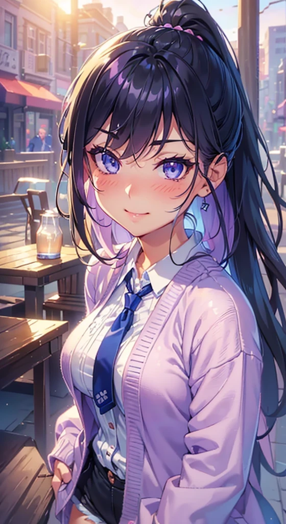 ((Tabletop, Highest quality, High resolution, Hmph, Pixel perfect, 4K, Hmph, Hmph))), One Girl, single, alone, Beauty、 ((ponytail, bangs, Black Hair)), ((Blue eyes, Beautiful eyelashes, Realistic eyes)), ((Detailed smile, blush:1.2)), ((Smooth texture:0.75, Realistic texture:0.65, Realistic:1.1, Anime CG style)), , Perfect body, ((Lilac cardigan、White shirt、Shorts)), 