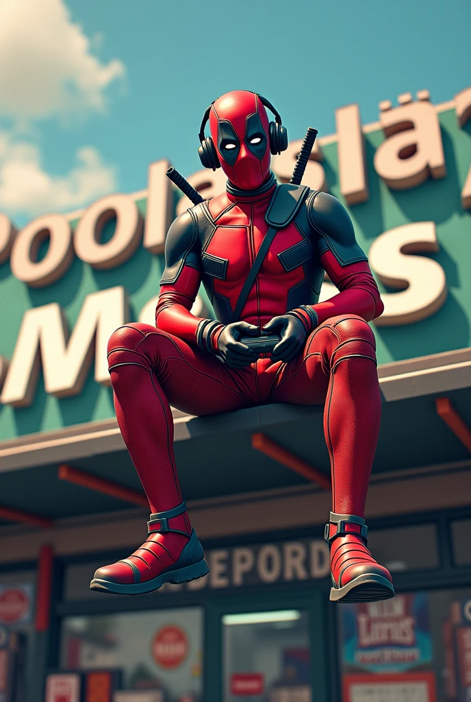 Dead pool with headphones gamesman on top of a POOLSTORE name behind cr7 and messi