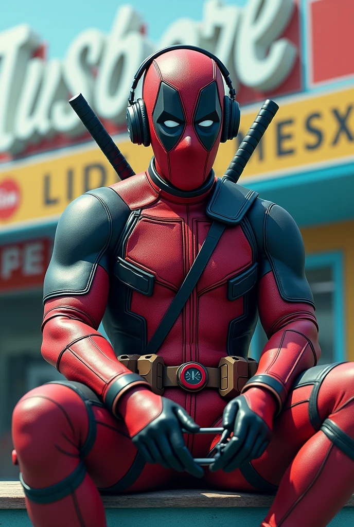 Dead pool with headphones gamesman on top of a POOLSTORE name behind cr7 and messi