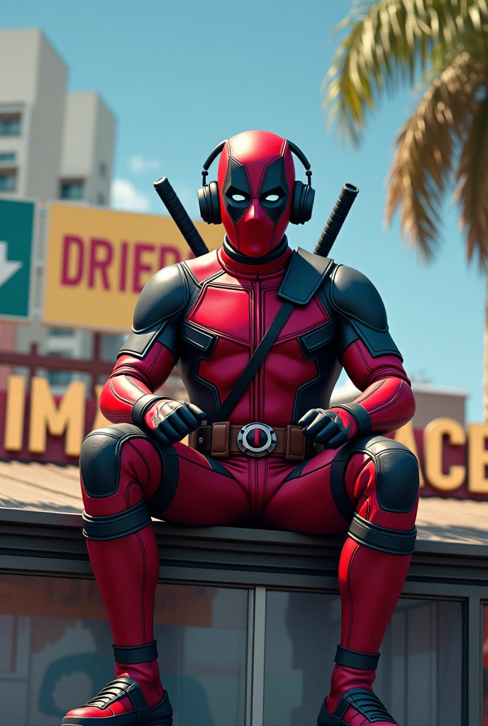 Dead pool with headphones gamesman on top of a POOLSTORE name behind cr7 and messi
