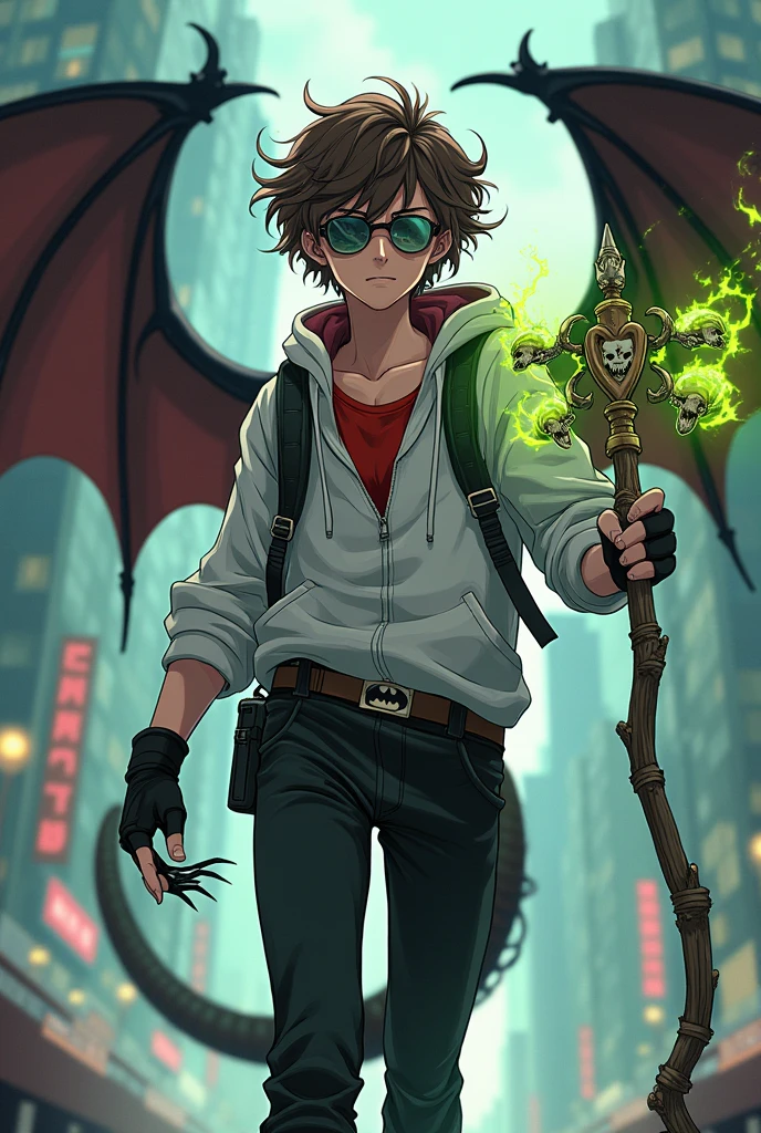 A handsome male teenager with curly brown hair. He wears a white sweatshirt, but the inside is red. In the center of the sweatshirt there is the Venom symbol. He is wearing black latex pants. Fingerless motorcycle gloves. In his right hand, he is holding a wizard's staff made of bones that has four human skulls tied right on top of the staff and they are holding Green. In his left hand, his nails have been transformed into huge black claws. He has bat wings and you can see that on his back he has two katanas. He has a Batman utility belt. He is wearing cybernetic glasses. He also has a dragon's tail. He is in a city fighting a monster. The image has to be in anime.
