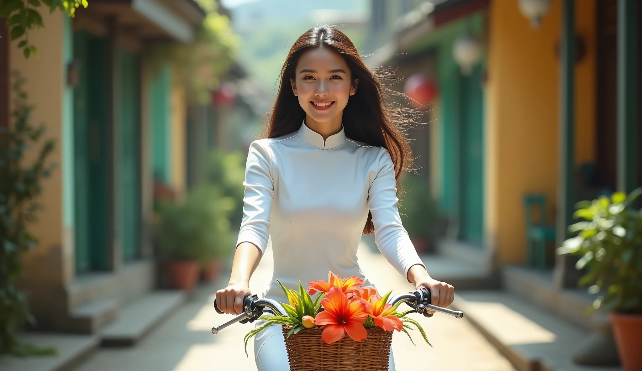 Make a photo of a Vietnamese female model wearing a white Ao Dai. Riding a bike on an old street. 35mm lens. bright. realistic. Focus your eyes well. Make a basket and a bouquet of flowers in front of the bike. Wide angle.