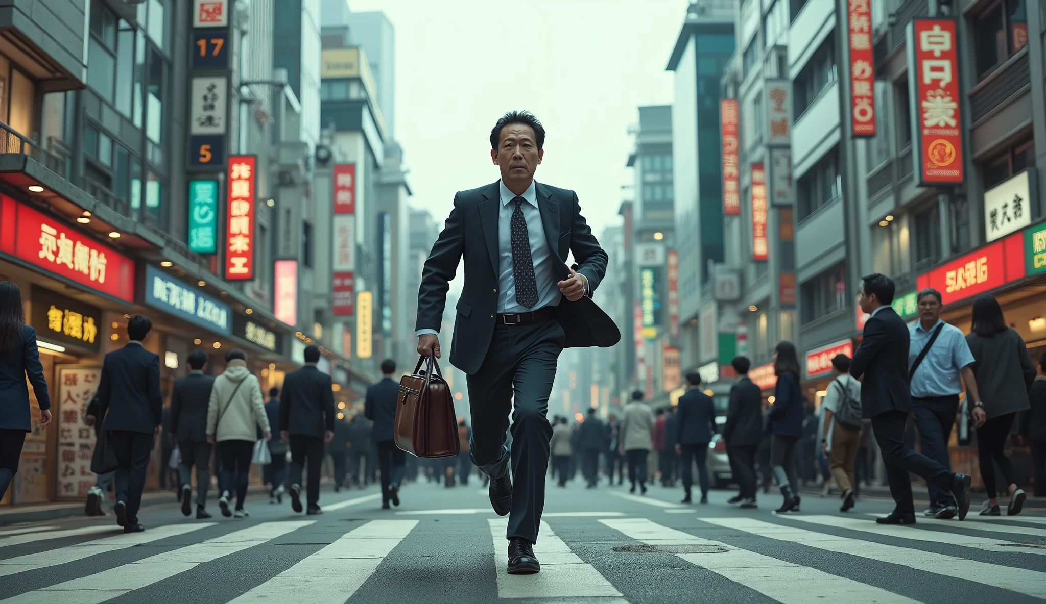 A Japanese salaryman running towards the station. The scene is realistic, capturing the morning commute. The salaryman is dressed in a suit, carrying a bag while hurrying along. The surroundings show Japanese city streets and the entrance to the station, reflecting a sense of urgency and busyness
