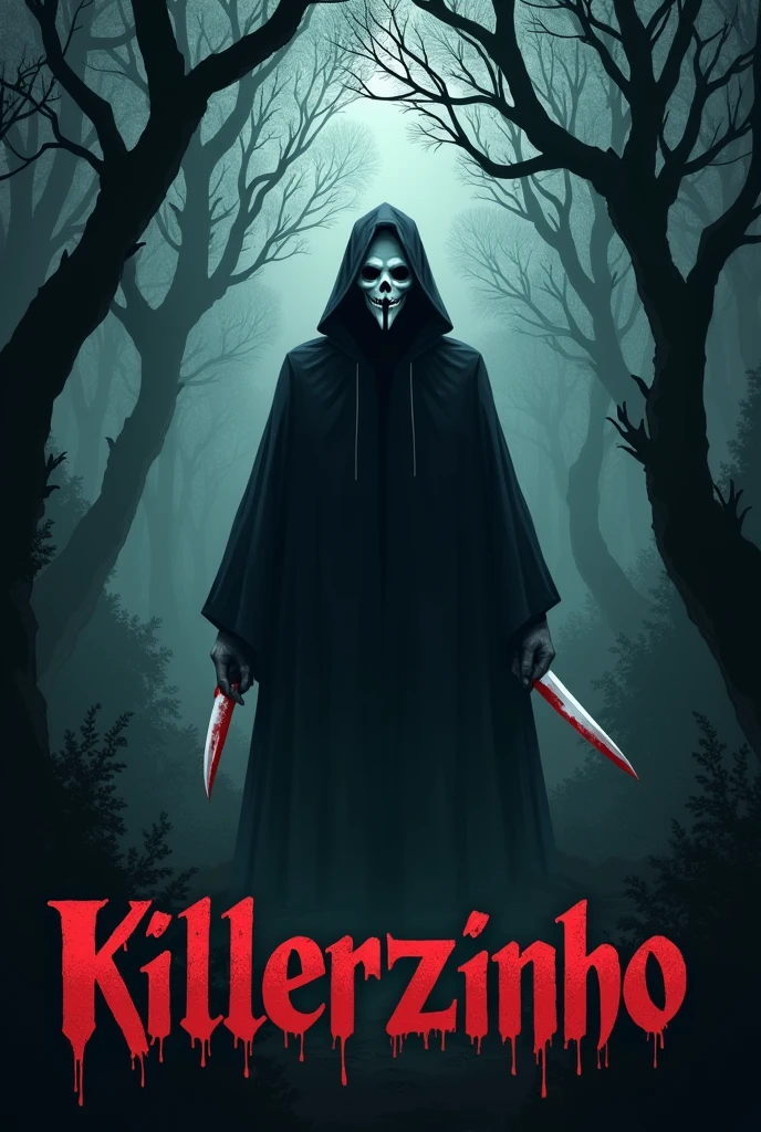 make an image in a dark forest with a man with a gostface mask and a mysterious hand holding a knife written killerzinho with blood put the writing in Portuguese