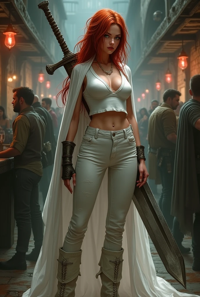 grimdark fantasy, a 2 girl with long spiky red hair and round face with green eyes and wide hips and big breasts and wearing a tight white t-shirt with cleavage and tight white trousers and short white boots and a white cloak with a greatsword at her back standing in a tavern