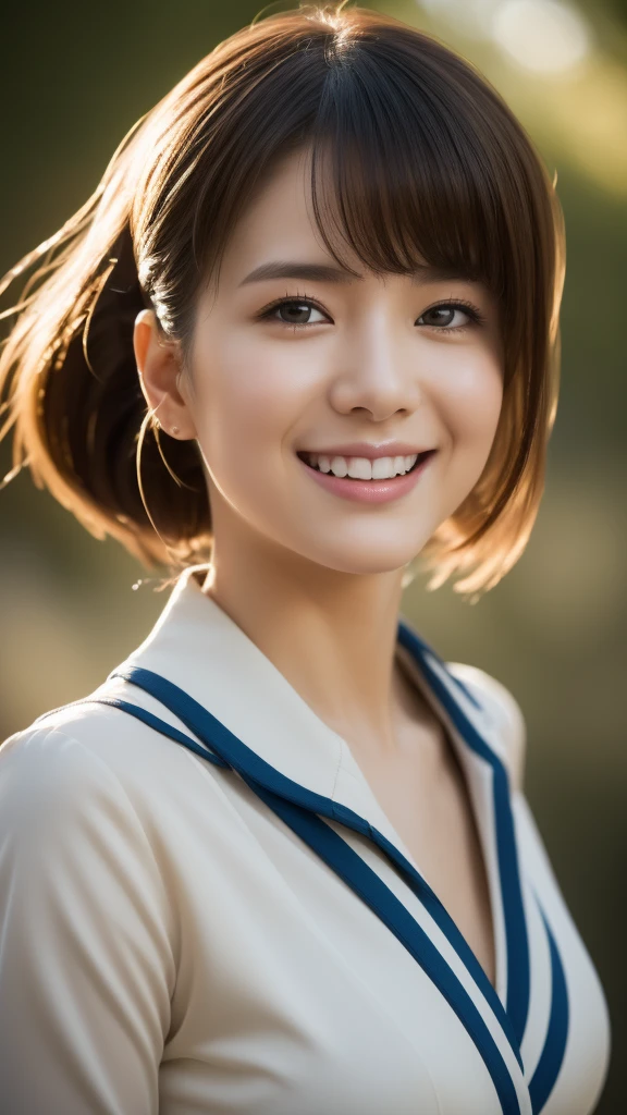 (highest quality,masterpiece:1.3,ultra high resolution),(Super detailed,caustics,8k),(photorealistic:1.4,RAW shooting),1 girl,(smile and look down at the camera),(front shot:1.1),(face forward),1,cute,Japanese,black short ponytail,school uniform,glamorous,(big boobs),( close up),(breast focus),street,sunshine,Natural light,(Backlight),(A bright light shines from behind),(Lens flare),professional writing,(cowboy shot),(low position:1.3),(Low - Angle:1.3)