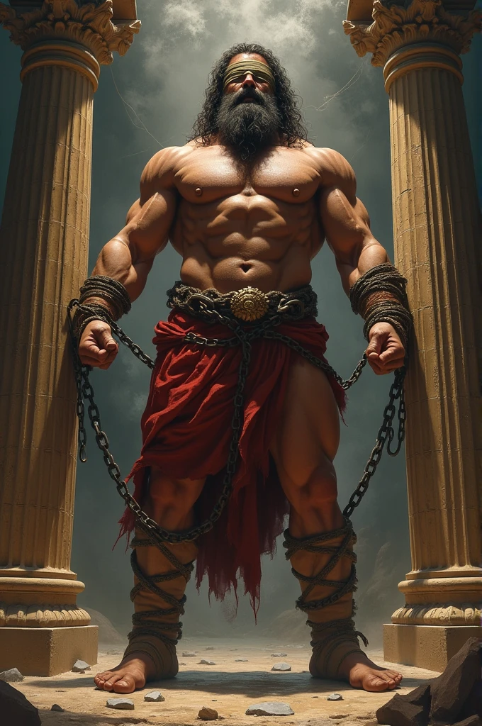 Muscular Samson with wrist chains on temple pillars with eye band