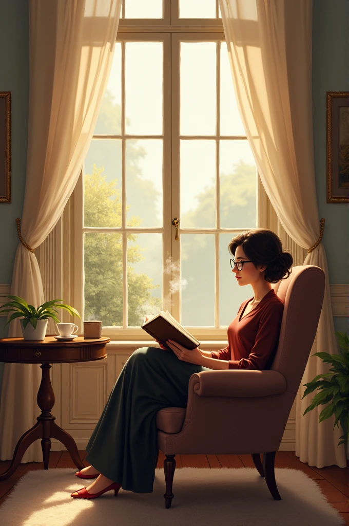 Lady with specs reading a book near the window side with a cup of coffee