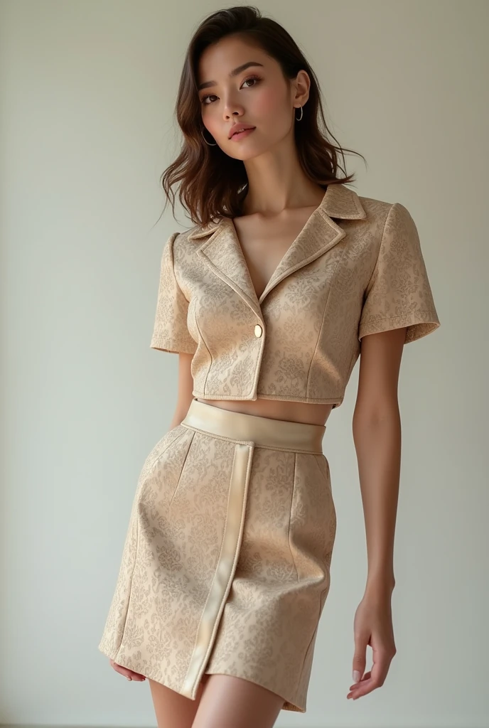 European woman model wearing a short skirt and short short-sleeved blouse set with fabric with dark beige baroque embossed details