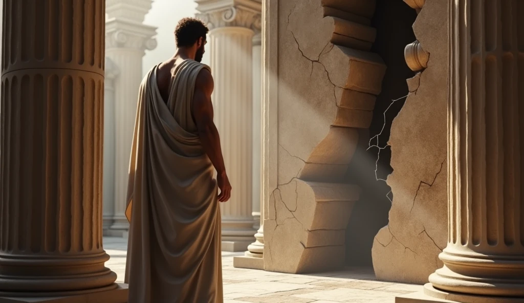 In a grand Roman study or library, the male stoic philosopher stands facing a large, symbolic representation of a wall with a noticeable crack. The philosopher is dressed in a classic tunic with subtle shoulder openings, and his posture reflects a moment of introspection and realization. The background includes the majestic Roman architecture, such as Doric columns and ancient scrolls. The lighting is dramatic, casting shadows that emphasize the crack in the wall and the philosopher's serious expression. The image captures the philosopher’s acknowledgment of the betrayal as a significant issue that must be addressed to prevent further damage.