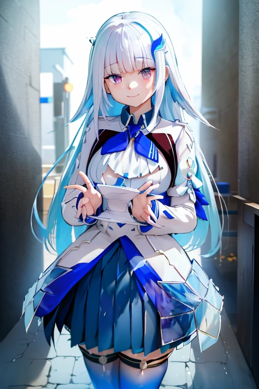 Highest quality, presentingpanties,panties holding,holding panties,Big Breasts, Captivating smile,cum on cloth, lh1, hair ornamnet, long hair, long sleeves, pleated skirt, blue thighhighs, 手链, frilled skirt, white jacket, white shirt, blue skirt, thigh strap ,black panties,
