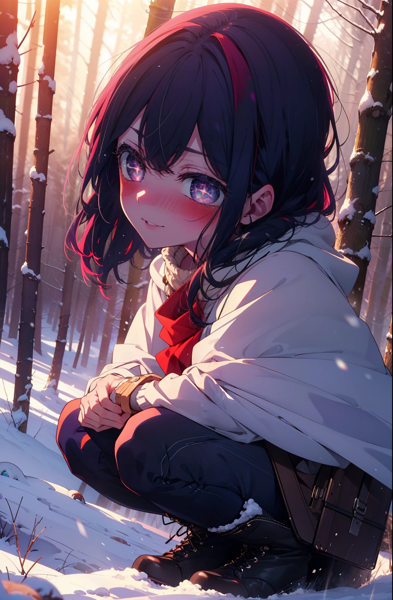 aihoshino, Ai Hoshino, Long Hair, bangs, (Purple eyes:1.1), Purple Hair, (Symbol-shaped pupil:1.5), smile,,smile,blush,white breath,
Open your mouth,snow,Ground bonfire, Outdoor, boots, snowing, From the side, wood, suitcase, Cape, Blurred, , forest, White handbag, nature,  Squat, Mouth closed, Cape, winter, Written boundary depth, Black shoes, red Cape break looking at viewer, Upper Body, whole body, break Outdoor, forest, nature, break (masterpiece:1.2), Highest quality, High resolution, unity 8k wallpaper, (shape:0.8), (Beautiful and beautiful eyes:1.6), Highly detailed face, Perfect lighting, Highly detailed CG, (Perfect hands, Perfect Anatomy),