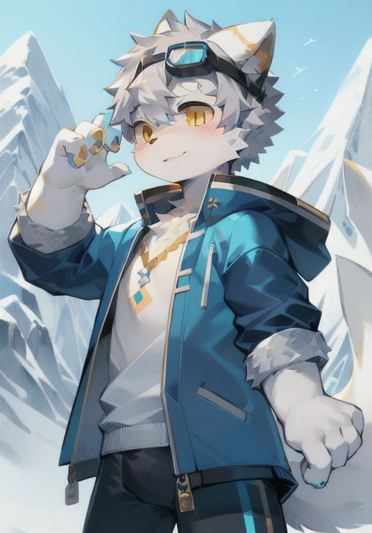 Snow mountain background,Blue down jacket,White male cat,boy,cute,Q version,Goggles,Big furry tail,Hairy pads,Mountaineering,Golden Eyes,Silver hair