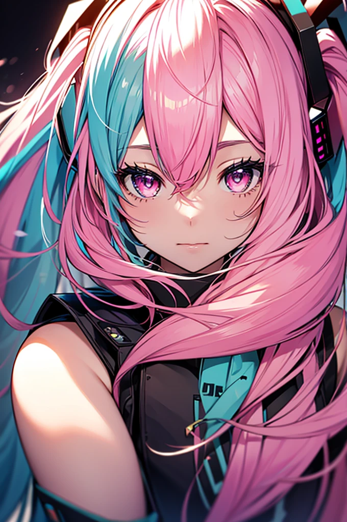hatsune miku, Vocaloid, beautiful, Detailed face, Pink Hair, Pink Eyes, Pink Art, colorful, bright, whole body