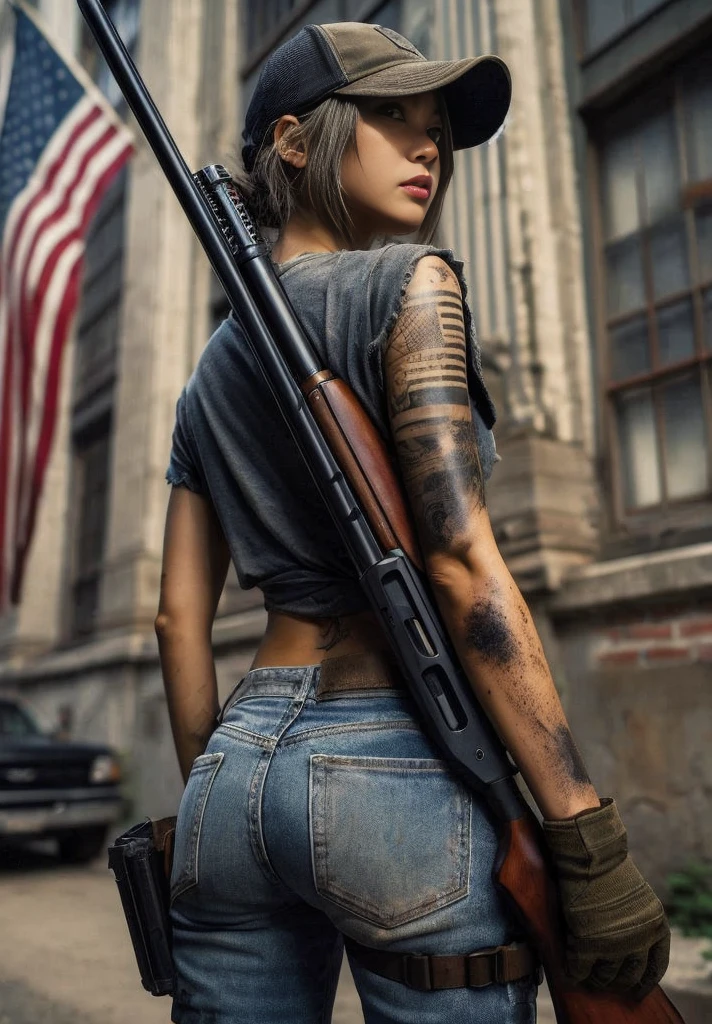 8k,Realistic Photo、Realistic Skin Texture、Superrealism、Japanese women living in America、General citizens、Civilian、Tattoo、cap、jeans、sneakers、Short sleeve shirt、Beauty、American cityscape、Old building、Reload、row pods、
Mossberg ｍShooting a 590 shotgun、Covered in scars、It is dirty、muscle、The background is out of focus、Building wall、Dramatic Images、Battleground、The strongest woman、Former Marine、Be vigilant、